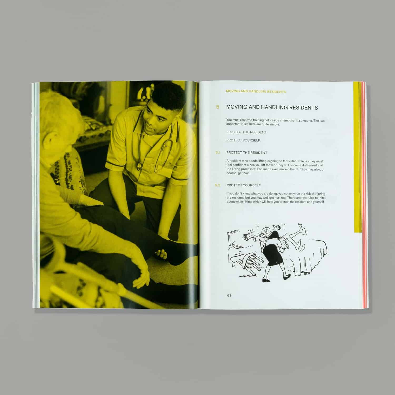 Open book on "Moving and Handling Residents," featuring a medical professional assisting a person and an engaging cartoon illustration of a caregiver. This essential resource is perfect for anyone learning to care with compassion and skill.