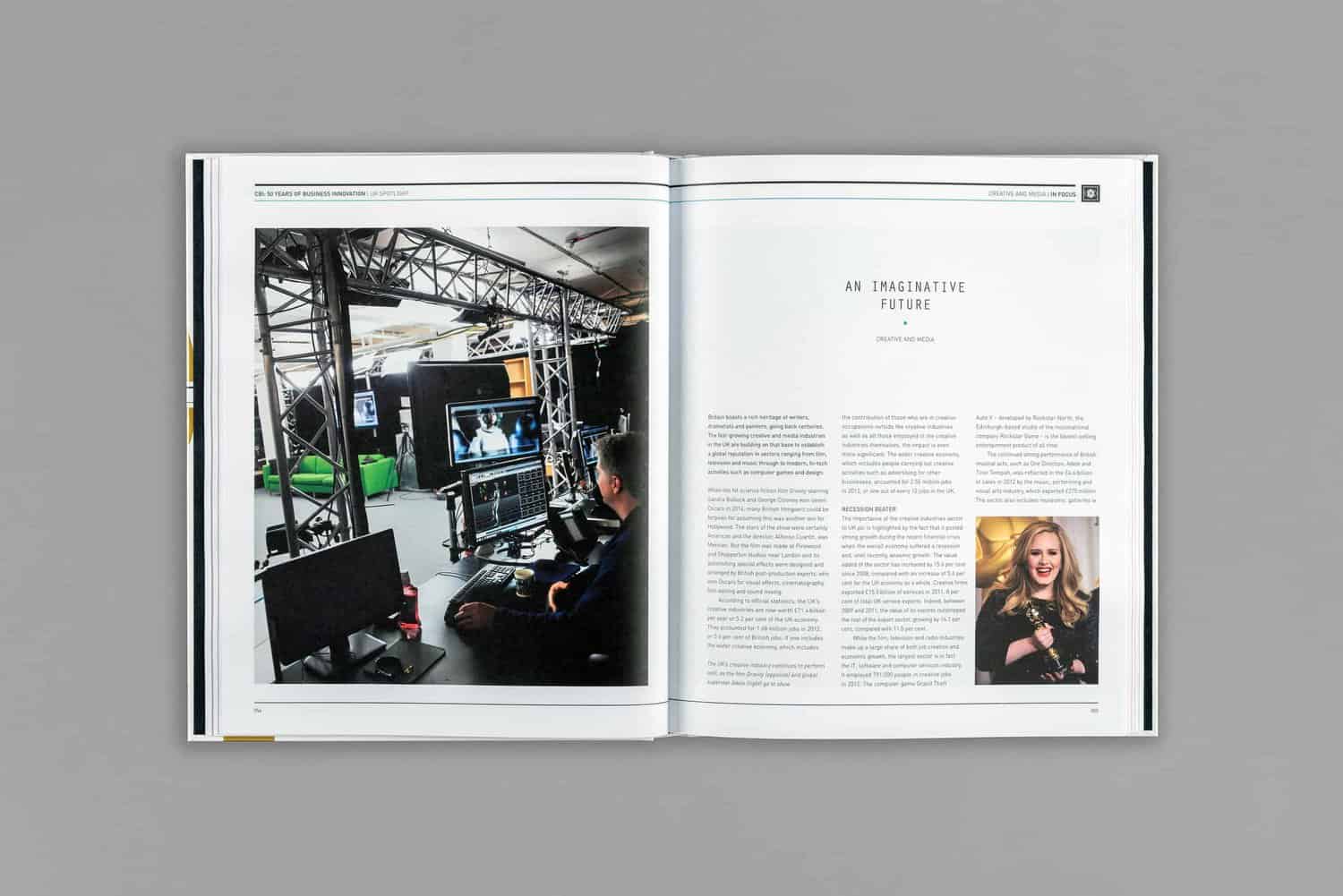 Open magazine showcasing 50 years of business innovation, with a studio setup and a person operating equipment on the left page, and text alongside a photo of someone speaking on the right page.