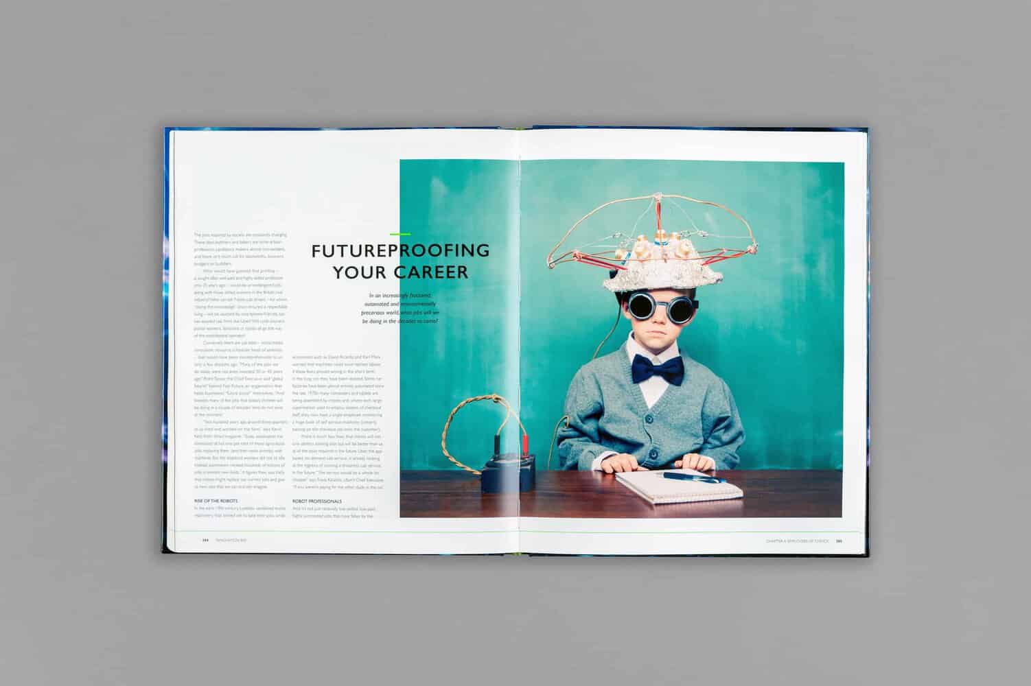 The magazine spread showcases an article titled "Futureproofing Your Career." An image captures the essence of innovation, featuring a child in a suit and DIY helmet, complete with sunglasses, sitting at a desk with notebook in hand.