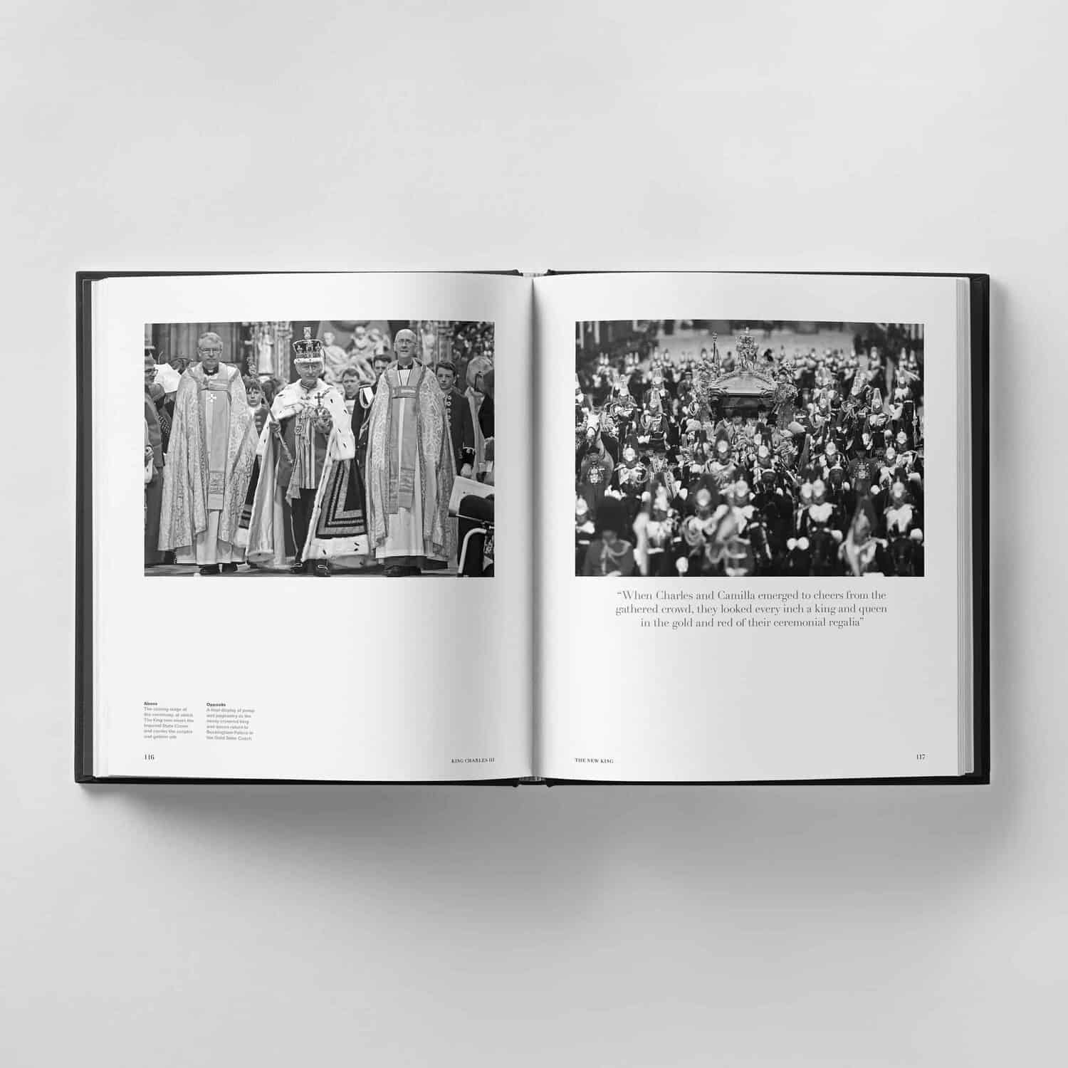 Open book displaying two pages with black and white photographs. The left page shows a formal ceremony featuring King Charles III, while the right page depicts a crowded public event with text below the image.