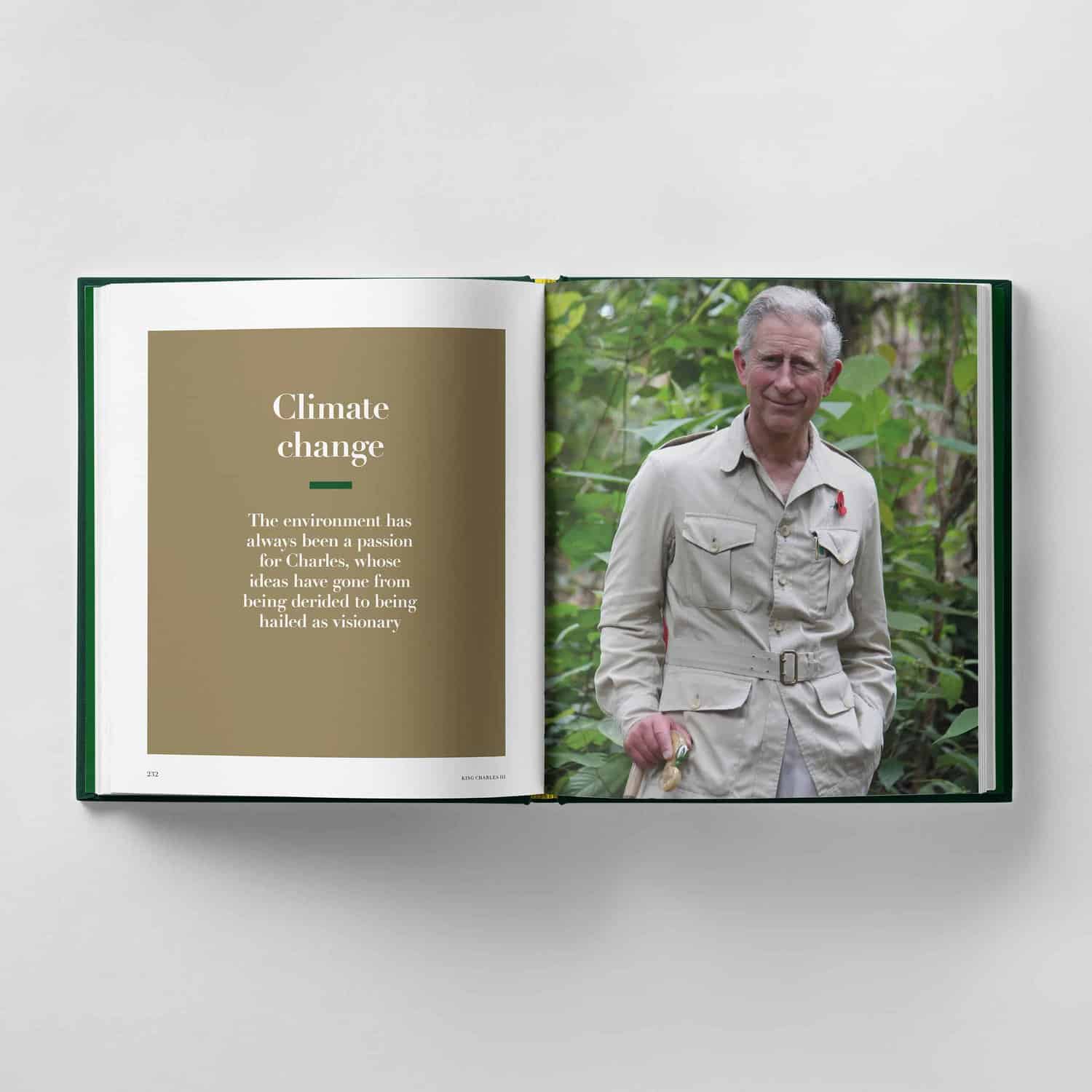 Open book displaying a page about climate change with a text section on the left and a photo of King Charles III in a light-colored shirt standing in a leafy environment on the right.