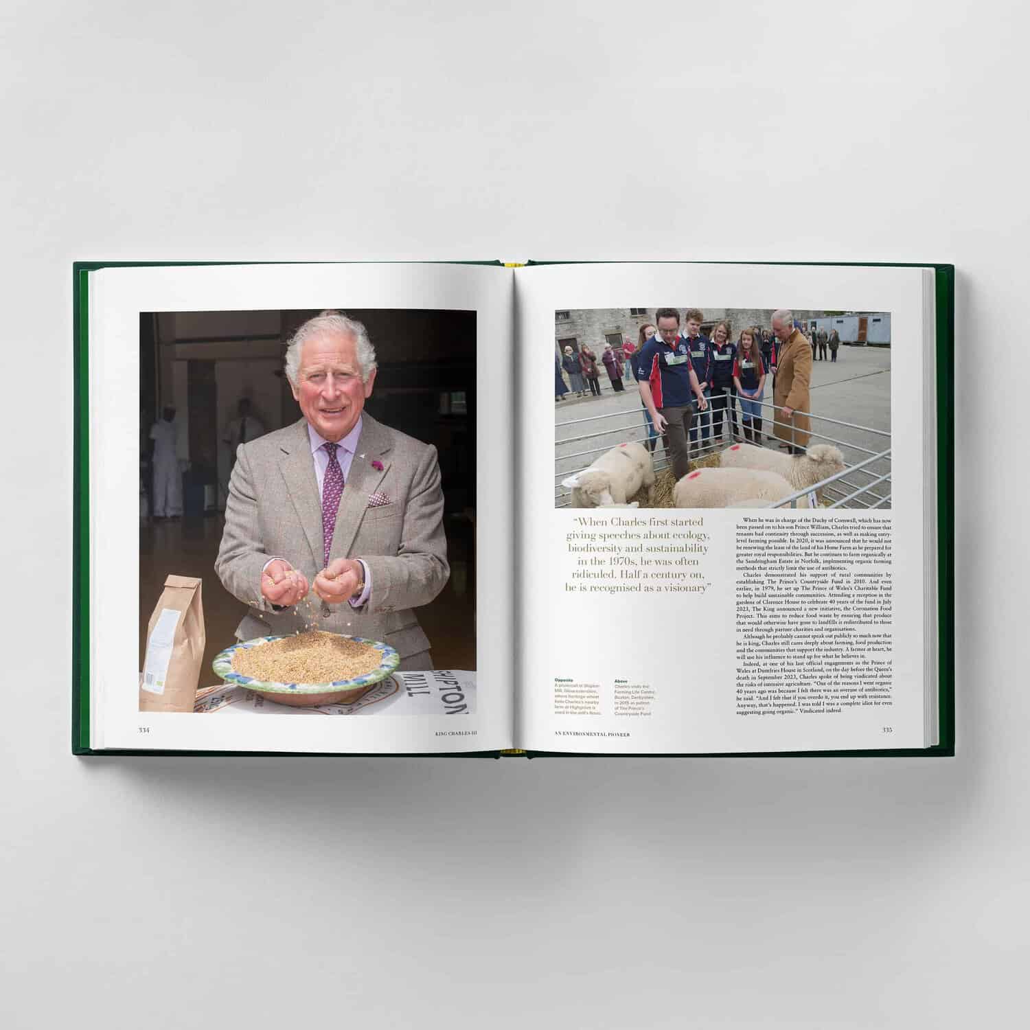 An open book reveals King Charles III on the left page, dressed in a suit and holding grains, while the right page depicts several people tending sheep in a pen.