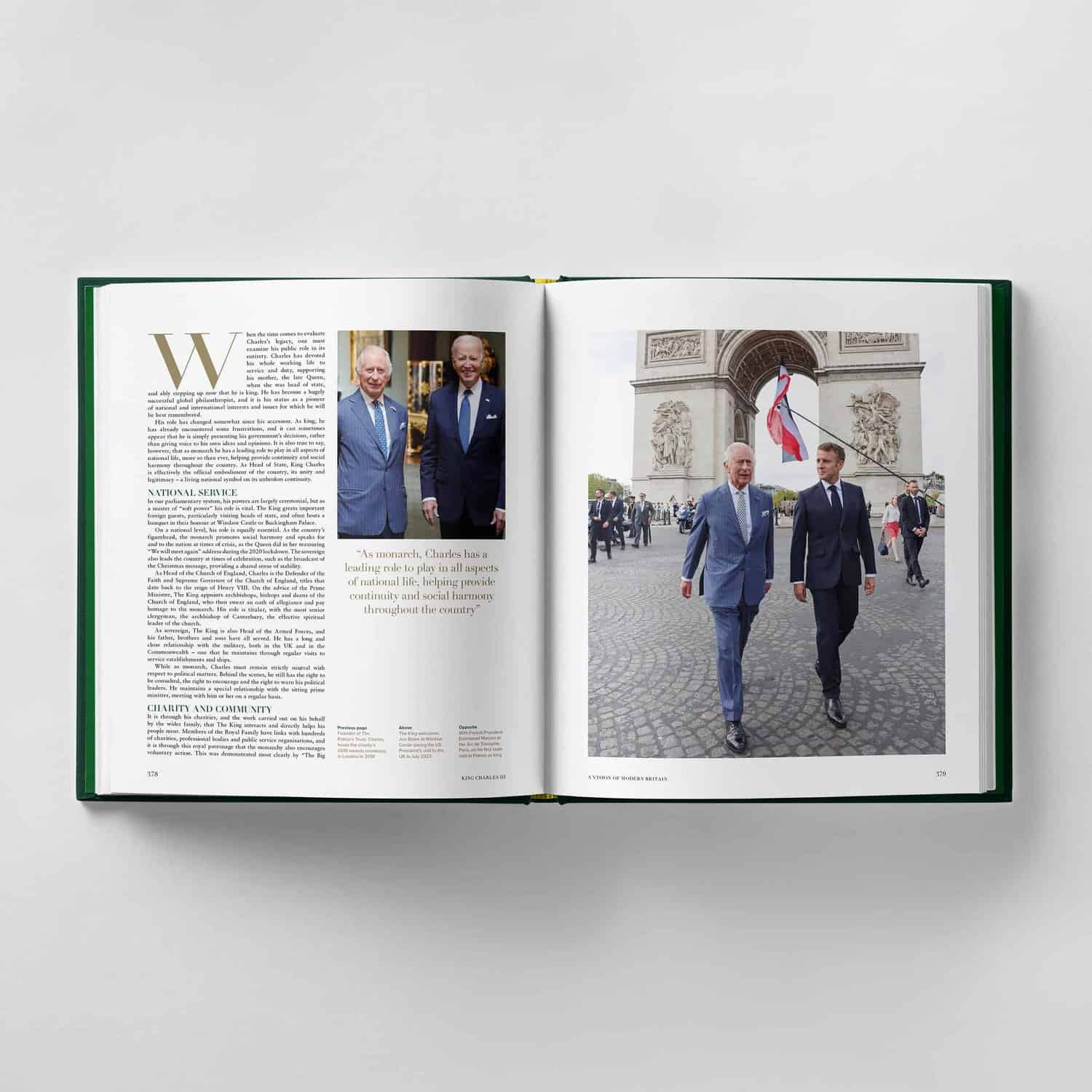 An open book reveals a photo of two men walking before the Arc de Triomphe, reminiscent of King Charles III's stately presence, accompanied by text and a smaller image of the same men in suits indoors.