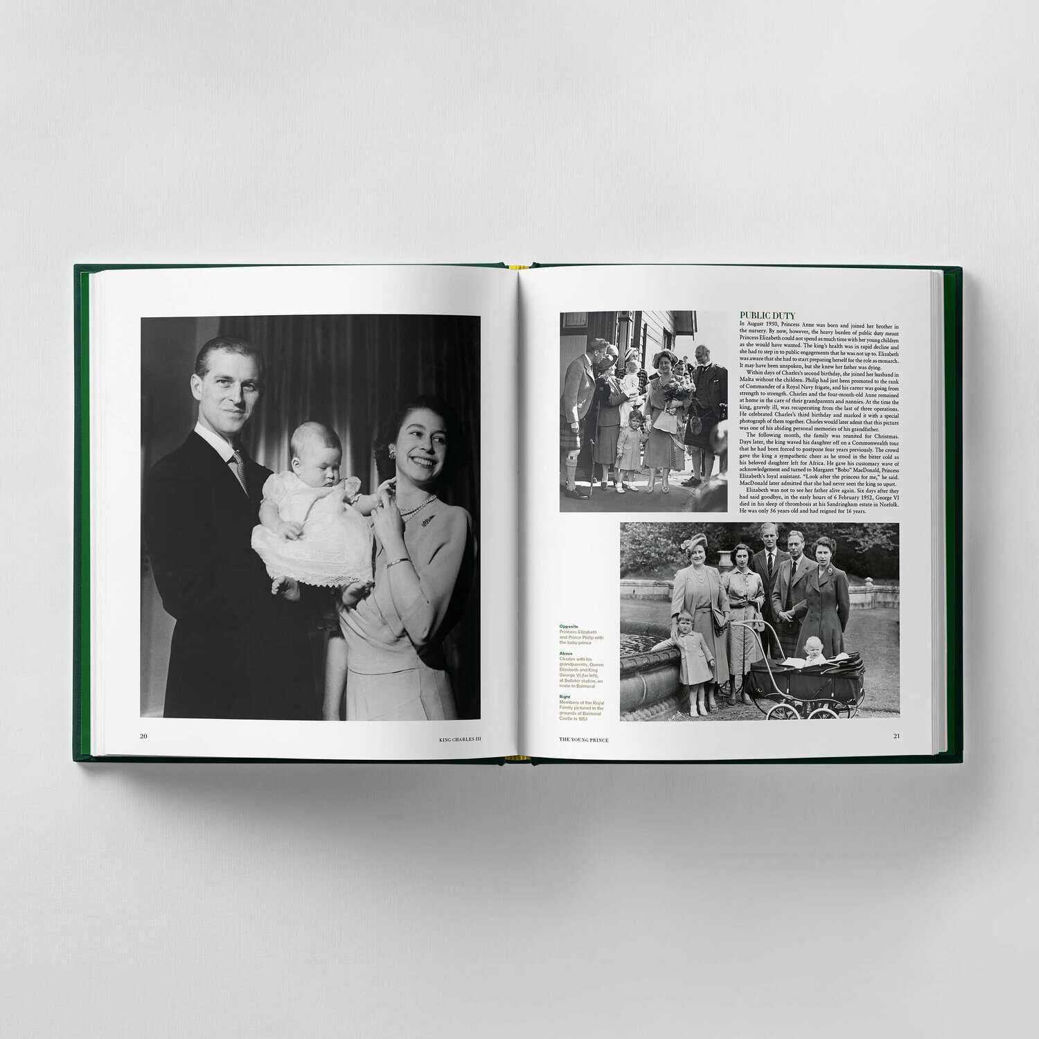 An open book reveals black-and-white photos of a family with a baby on the left page, while the right showcases text and more family photos. Among the cherished memories, a hidden connection to King Charles III subtly emerges, adding a royal touch to the narrative.