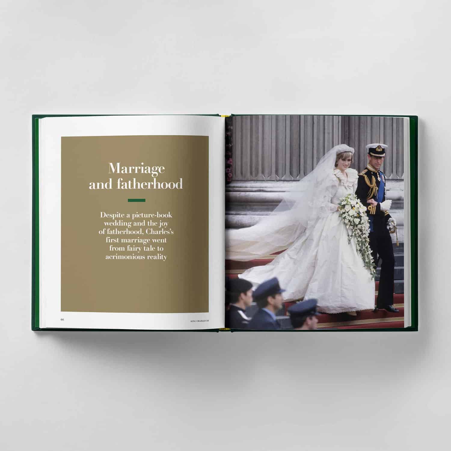 An open book reveals a wedding photo on the right and text titled "Marriage and fatherhood" on the left, delving into the contrast between a fairy tale wedding and reality, much like the stories within the British monarchy.