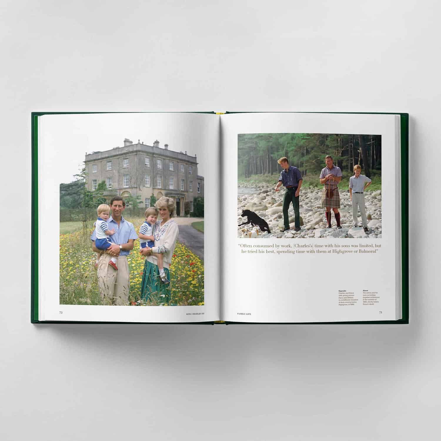 Open book showing two pages: left side with a family standing in front of a house, right side with two men and a dog by a stream in a forest, reminiscent of an idyllic scene from King Charles III's countryside escapes.