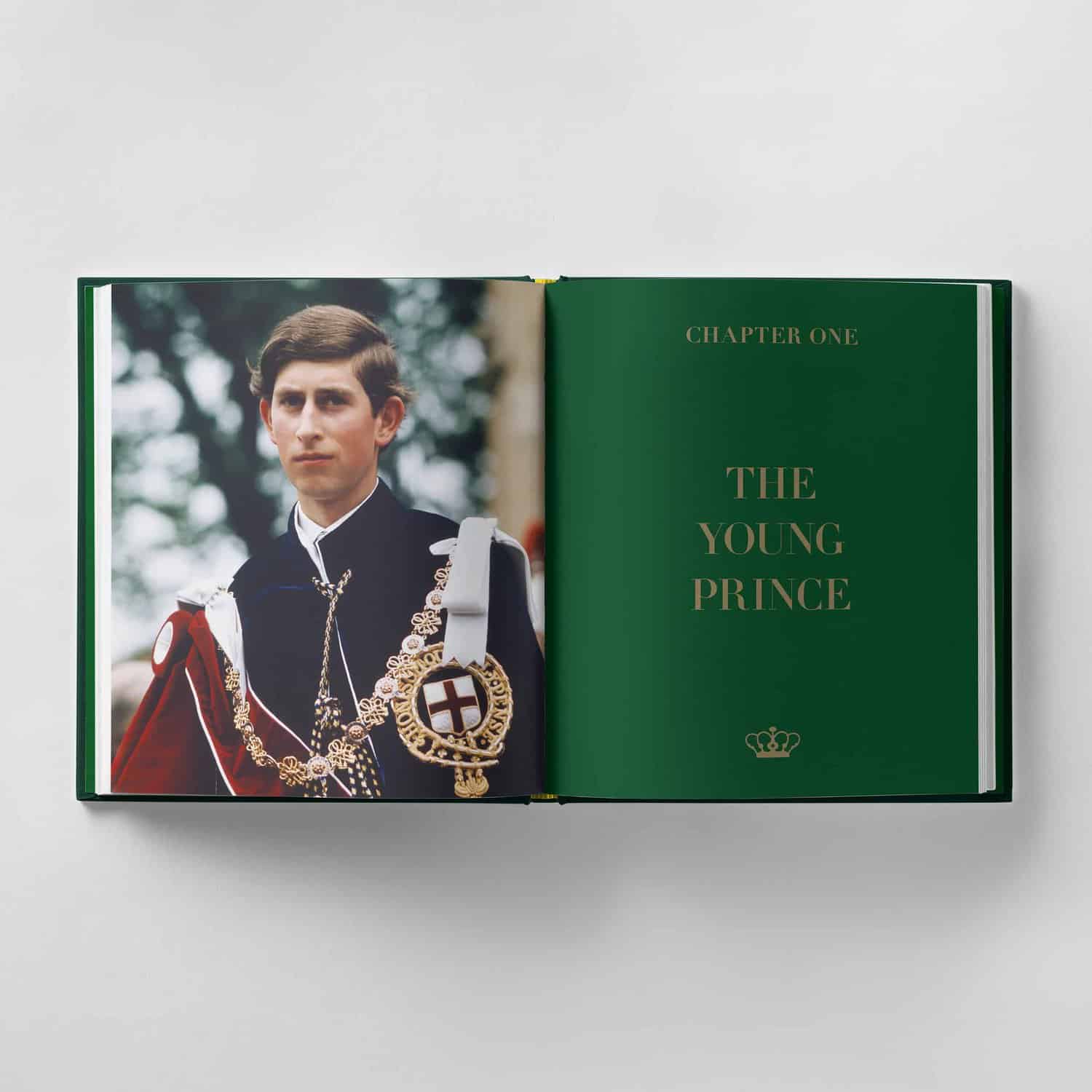 Open book displaying a portrait of a young man in ceremonial attire on the left page, reminiscent of King Charles III in his youth, with the text "Chapter One: The Young Prince" elegantly inscribed on the right page.