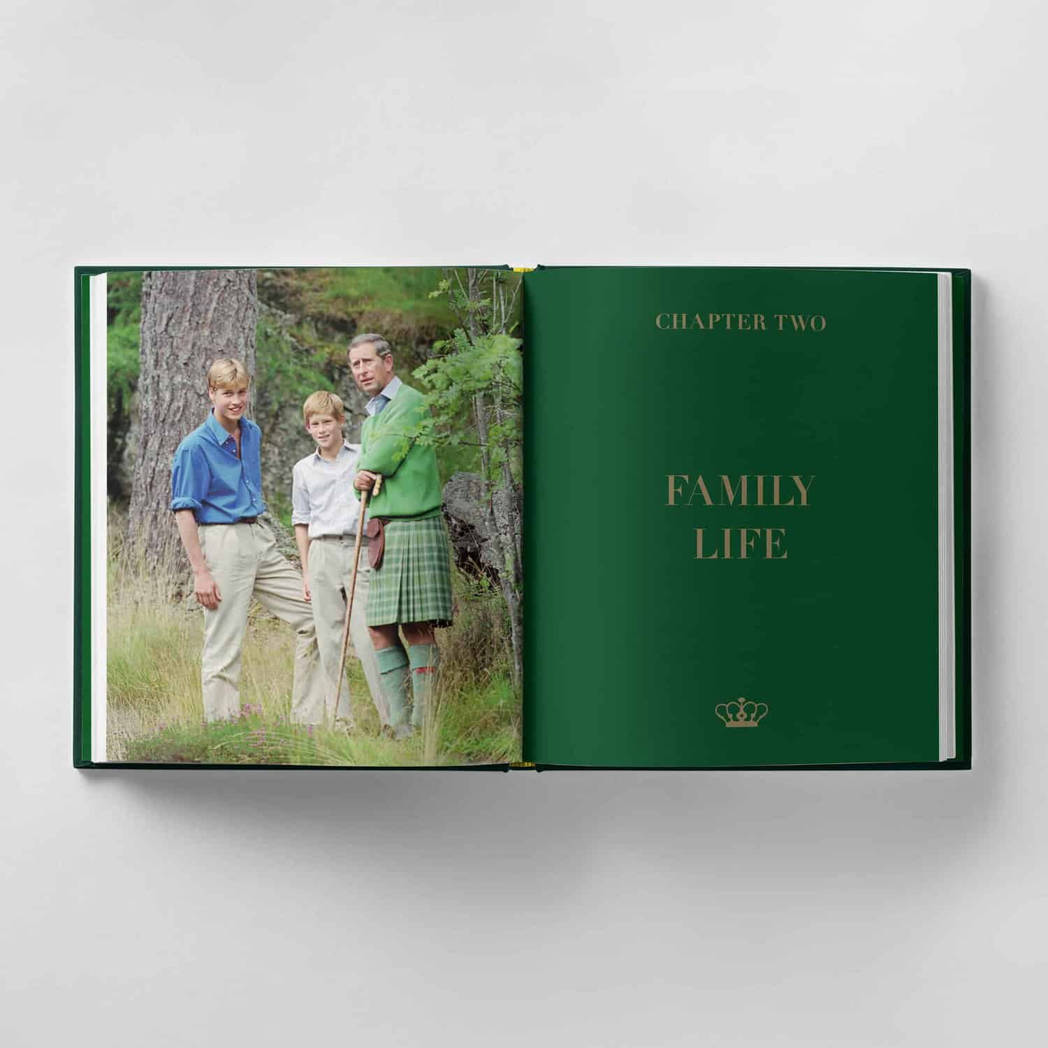 An open book displays a cherished family photo on the left, while "Chapter Two: Family Life" and a brief mention of King Charles III adorn the right page.