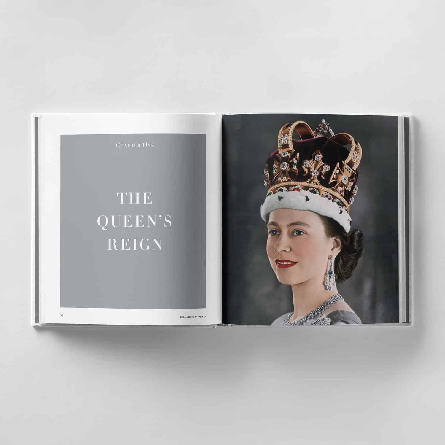 Open book with a chapter titled "The Queen's Reign" on the left page and a portrait of Her Majesty wearing a crown on the right page.