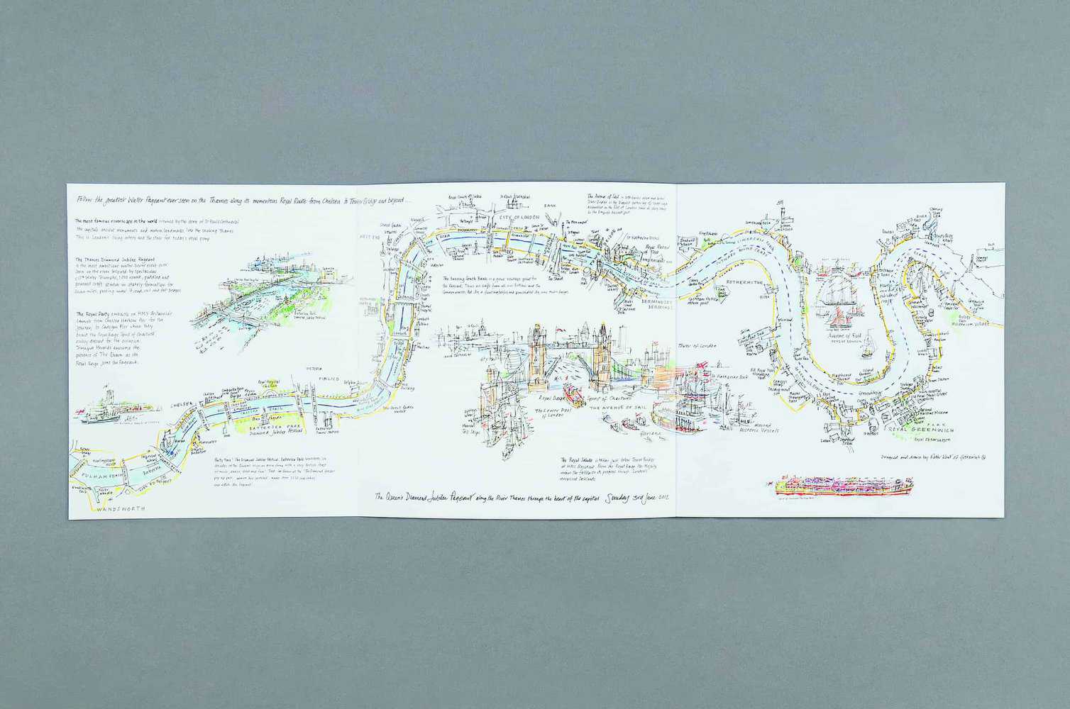 Illustrated map depicting a winding river reminiscent of the Thames, with detailed annotations of landmarks and geographical features, all set on a gray background, evoking the elegance of a pageant.