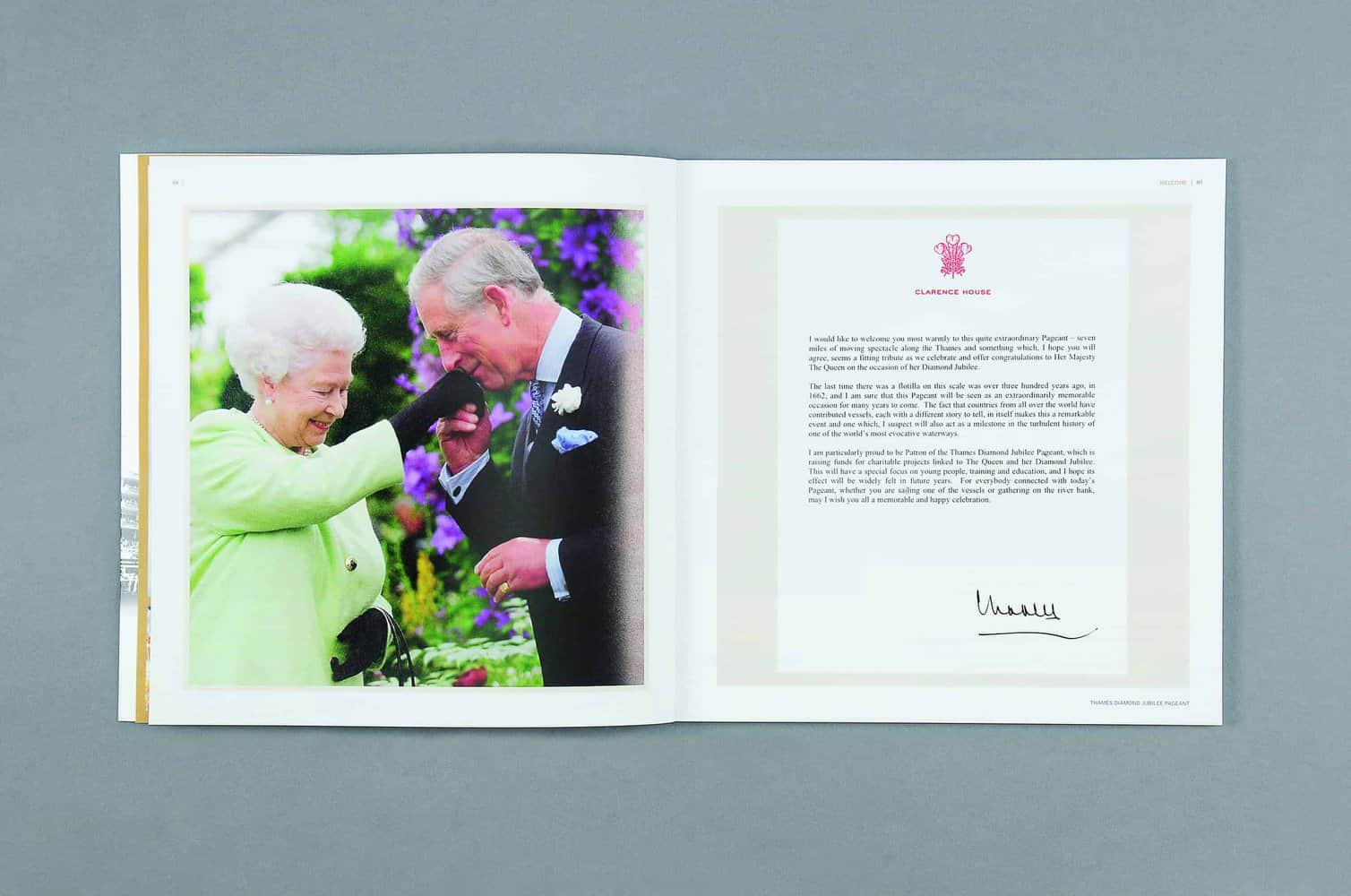 A woman in a green outfit smiling and playfully tugging a man's tie, reminiscent of the glamour seen during a pageant. On the right, a page with a typed letter and a signature adds an elegant touch, like finding cherished moments along the Thames on a Diamond Jubilee.