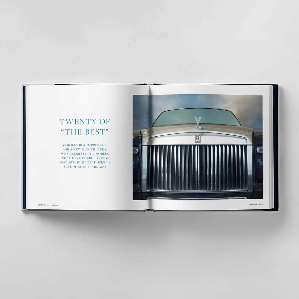 Open book showcasing a Rolls-Royce car front view on the right page, with the text "Twenty of 'The Best'" and a brief description on the left, illustrating how they strive for perfection in every detail.