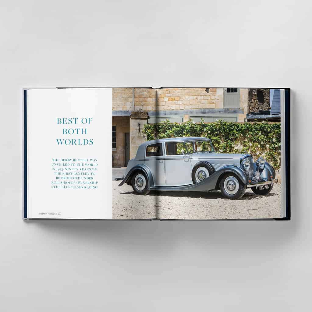 An open book reveals a vintage car on one page, while the opposite side reads, "Best of Both Worlds." Below, a brief description strives for perfection, merging timeless elegance and modern precision.