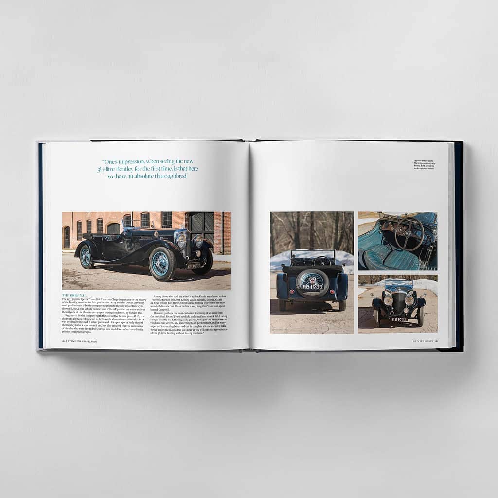 An open book showcases images and text about a vintage car, capturing its front, rear, and interior views. The partially visible text reveals the designers' relentless strive for perfection in every flawless detail of this classic beauty.