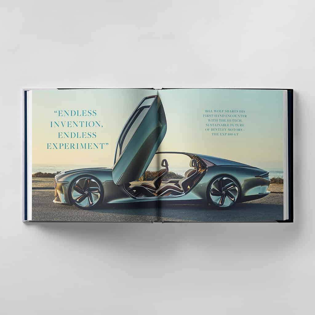 An open book reveals a futuristic car with butterfly doors set against an ocean backdrop. Text reads: "Endless invention, endless experiment—strive for perfection.