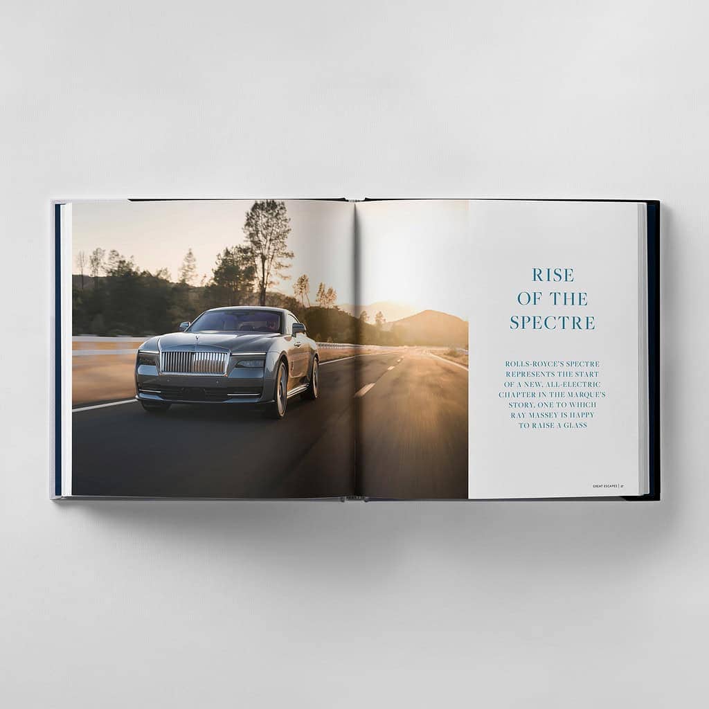 Open book with an image of a Rolls-Royce car on the left page driving on a road, and text titled "Rise of the Spectre" on the right page, embodying the relentless strive for perfection.