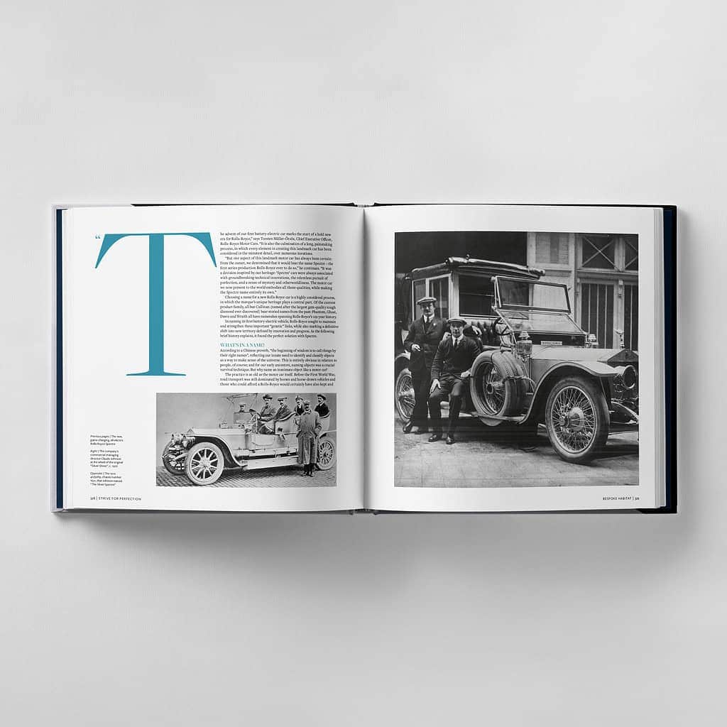 An open book reveals a vintage car with people on the right page, striving for perfection in every detail. Opposite, an image accompanies text, while an individual leans against the parked car, embodying timeless elegance.