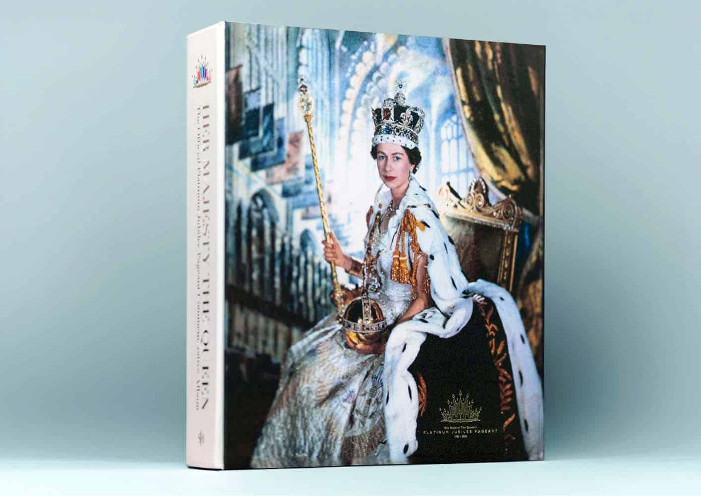 A book with a cover showcasing Her Majesty, a regal figure wearing a crown and holding a scepter, seated on an ornate throne, exuding royalty against a grand backdrop.