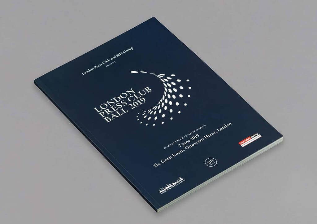 Dark blue event program titled "London Press Club Ball 2019," showcasing white text and an abstract design. This London Ball document includes event details and sponsor logos at the bottom, all set against a light gray background.