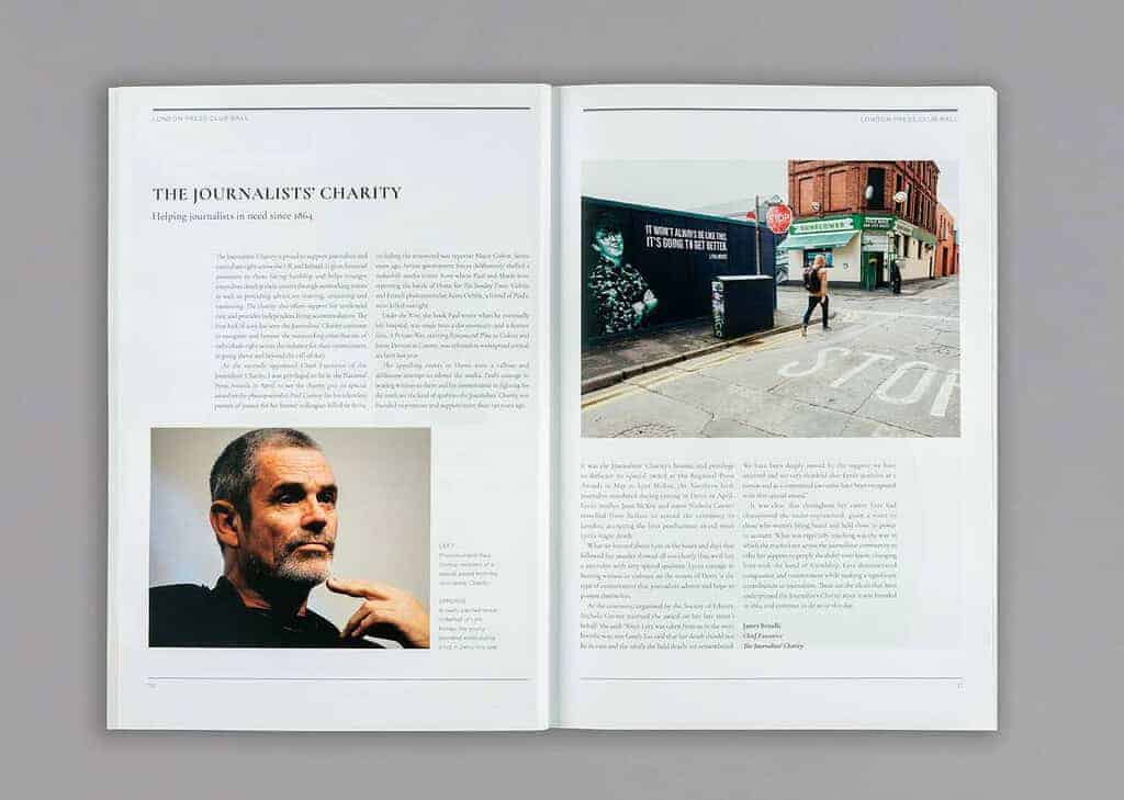 Open magazine with an article titled "The Journalists Charity," featuring a vibrant image of a mural on the right page. The piece highlights the generous contributions from events like the London Press Club Ball, emphasizing how journalism's spirit thrives in community and celebration.